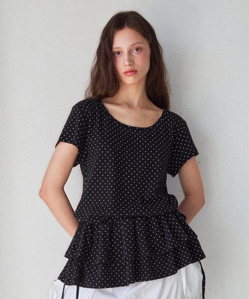 Loginaenloji Half Frill Dotted T-Shirt Black