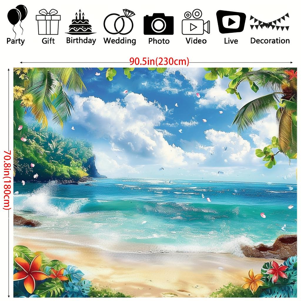 1PC, Hawaiian Beach Background Cloth, Blue Sky and Ocean, Palm Leaves and Flowers, Suitable for Party and Birthday Decoration