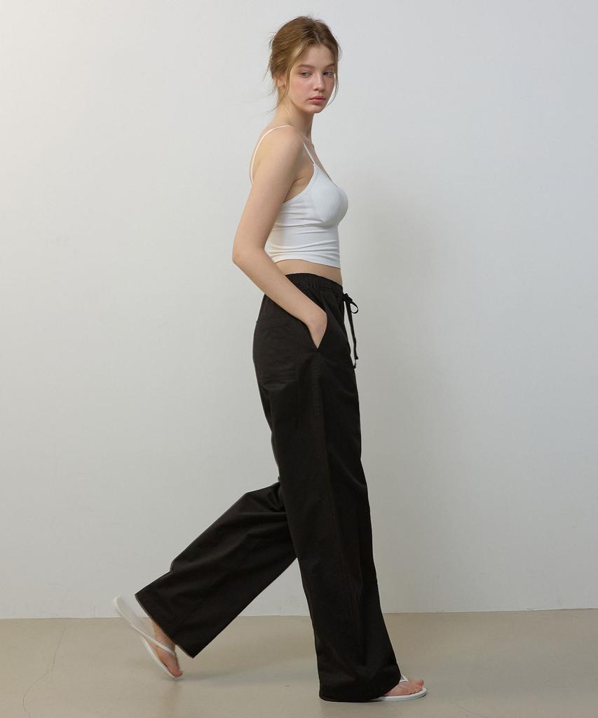 CITYBREEZE Cotton String Elastic Waist Wide Pants_Black