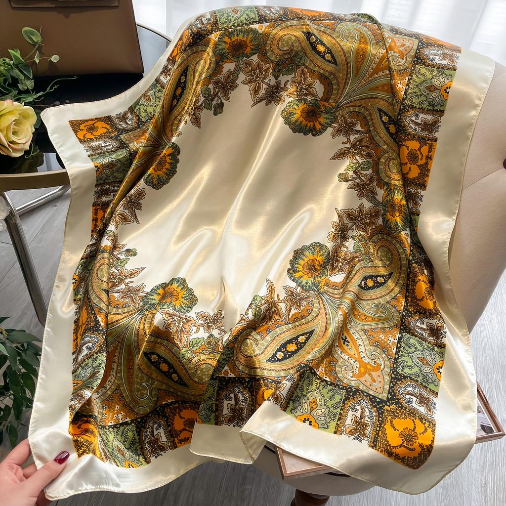 90*90Cm Women'S Square Silk Satin Scarf Flower Printed Shawls Hijab Four Seasons Bandanna Scarves Accessories Hairband Scarf