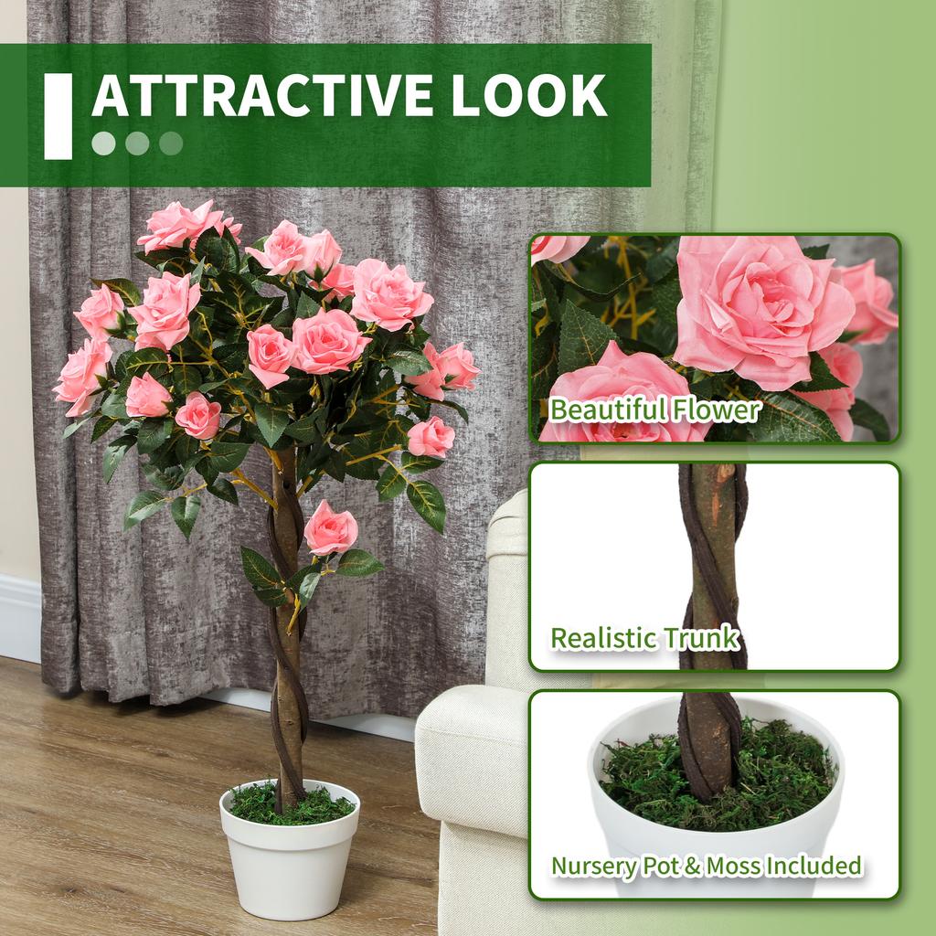 Set of 2 Artificial Plants Pink Rose Floral In Pot, Fake Plants for Home Indoor Decor, 90cm