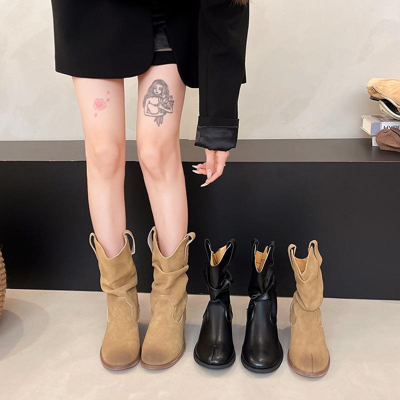 Sheepskin Version~ Inner Height-increasing Retro Pleated Stacking Boots Women's Mouth Suede Mid-tube Western Boots Versatile Thick Heel Martin Boots