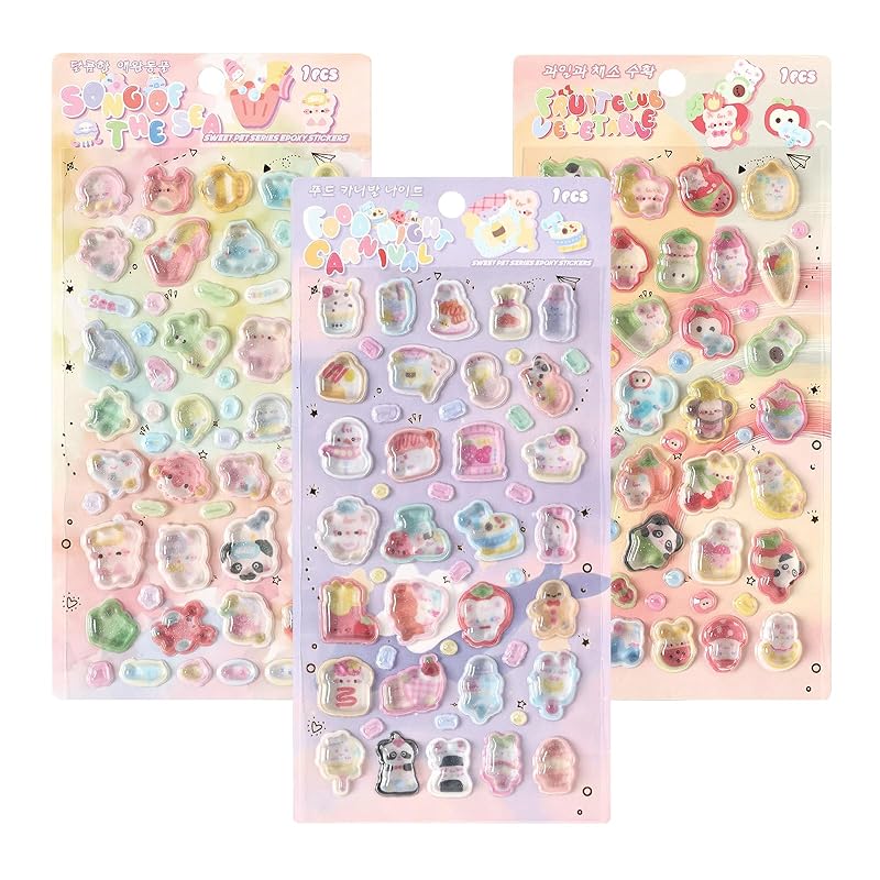 

[Set of 3] Pukupuku Stickers for Girls, 3D Fluffy Stickers, Soft and Soft to the Touch, PVC Material, Cute, for Diary/Notebook/Envelope Decoration
