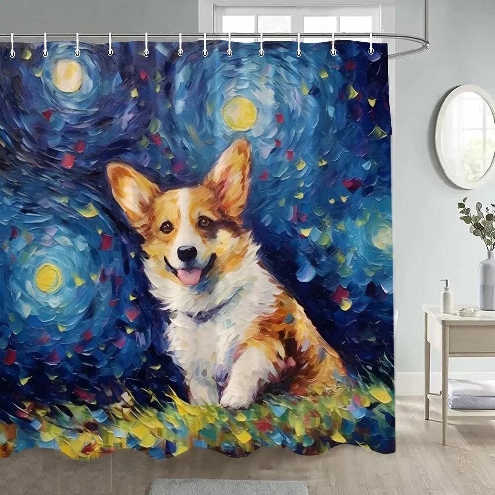 Cute Dog Shower Curtains Funny Animal Starry Sky Oil Painting Art Modern Polyester Fabric Bathroom Curtain Decorative With Hooks