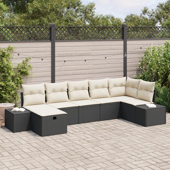 VidaXL Ensemble de Canapé de Jardin 7 Pièces avec Coussins Noir en Poly Rotin 3360728