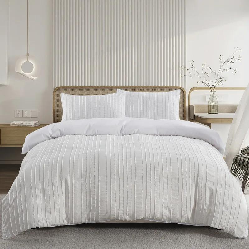 White Duvet Cover Queen Boho Tufted Microfiber Bedding Set for All Seasons, Embroidery Shabby Chic Comforter Covers with Zipper