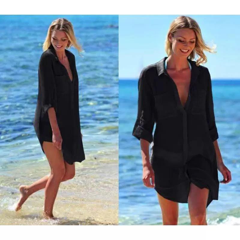 Europäischer & Amerikanischer Strand-Cover-Up aus Knitterstoff mit Versteckten Taschen - Bikinijacke Hemd Badeanzug