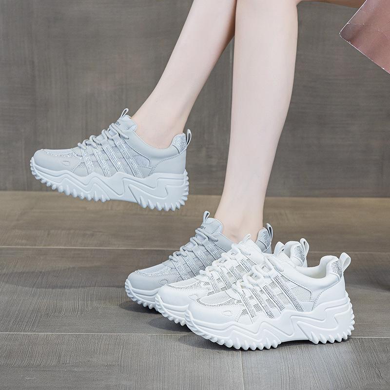 Summer small thick-soled heightening women's shoes, new comfortable casual soft-soled soft-faced sports dad shoes with diamonds