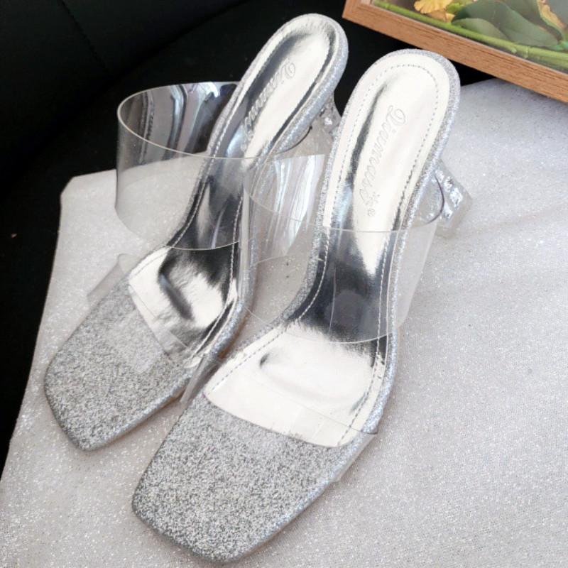 

Модные роскошные женские сандалии со стразами и квадратным носком, прозрачные ПВХ, квадратный каблук, летние сандалии для женщин, модные удобные шлепанцы 39 серебряный