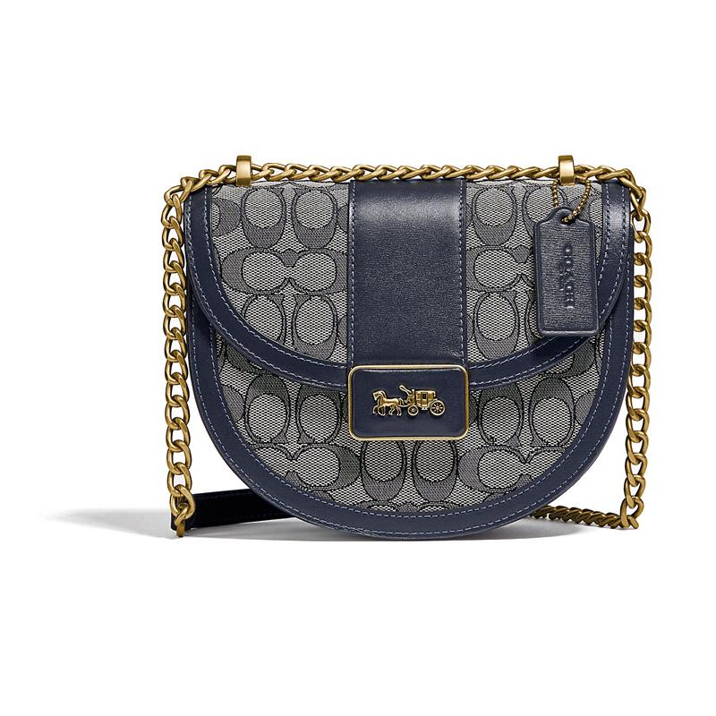 

COACH Alie 20 Saddle Presbyopia Chain Signature Jacquard and Cowhide Crossbody Bag Small Women s Navy Blue синій