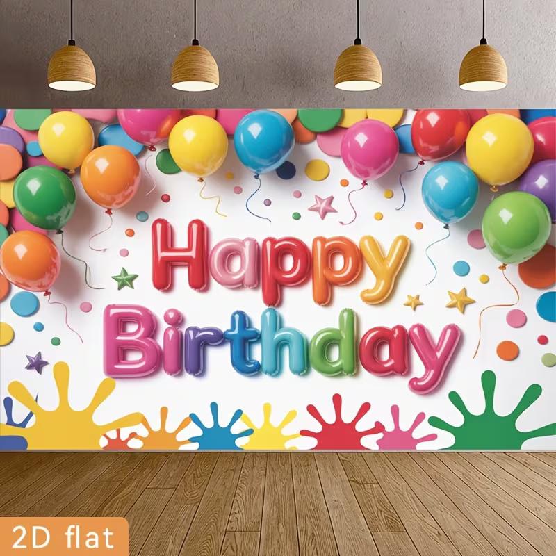 2D Rainbow Paint Splatter Birthday Background, Bright Balloon Themed Party Backdrop 47.2x31.5inch/120*80cm