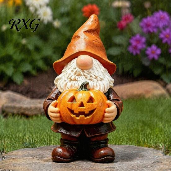 Hand Painted Gnome Statue Halloween Garden Statue, Faceless Holding Pumpkin Sculpture, Stable Sculpture Waterproof Resin for Porch Yard Autumn