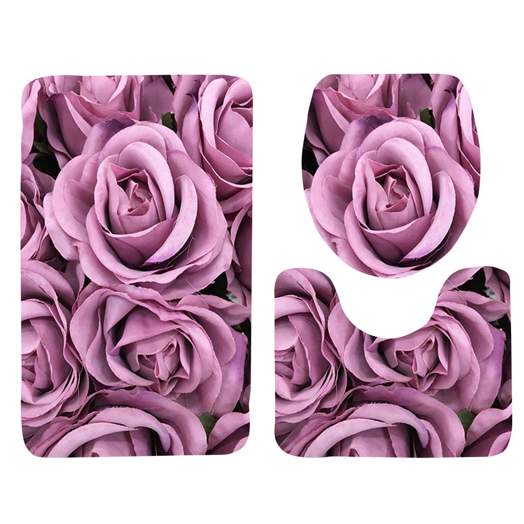Rose Petal Series Printed Toilet Floor Mat Three-piece Bathroom Slip Carpet Set