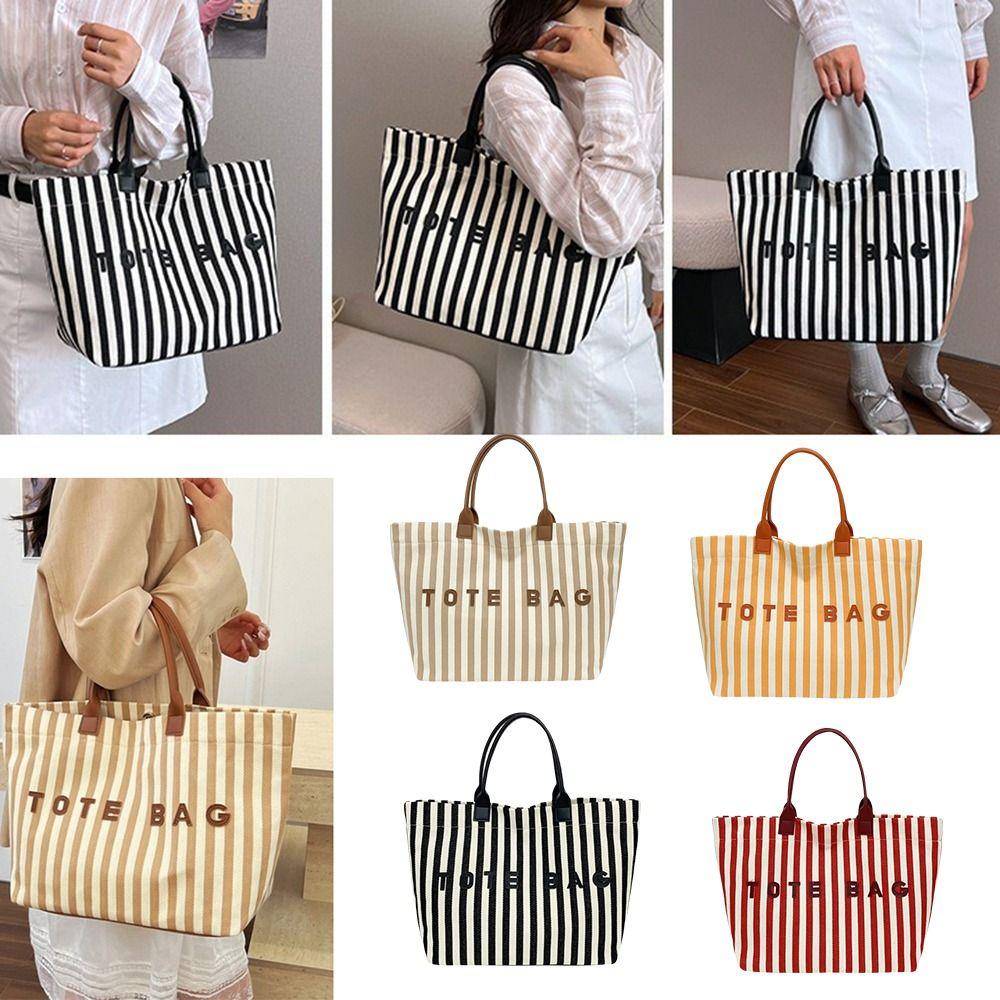 Striped Women's Handbag Large Capacity Shoulder Bag Casual Striped Canvas Tote Bag Beach