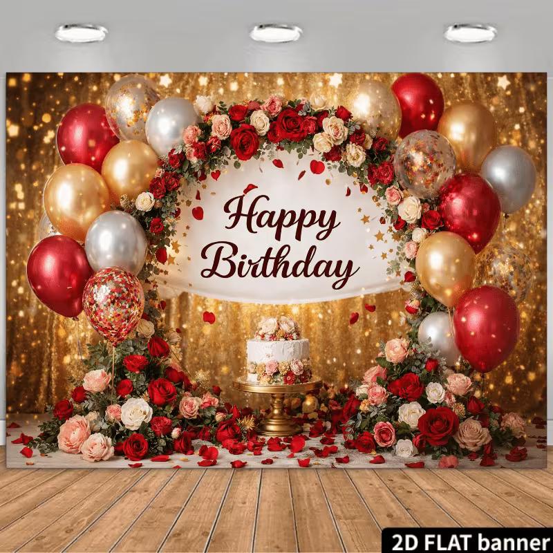 

2D Floral Red Gold Birthday Background Banner for Party Photography 47.2x31.5inch/120*80cm