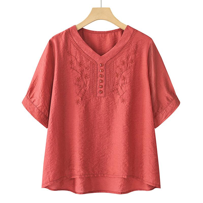 Linen Silk Embroidered Short Sleeve Women's T-Shirt Set New Summer Style Two-Piece Suit for Middle-Aged Mothers