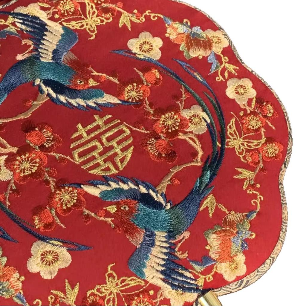 Ancient-Style Embroidered Round Wedding Fan with Happy Knot Design