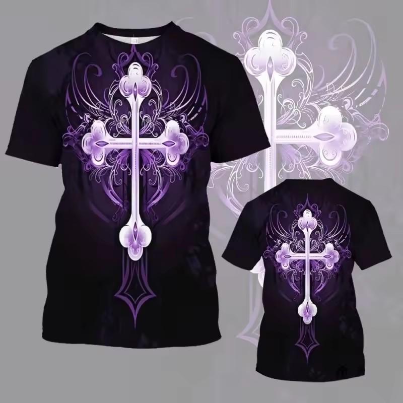 Colorful Cross Wings Pattern T Shirt Men Cool Skull 3D Printed Short Sleeve Tops Summer Casual Round Neck Loose Tee Shirts
