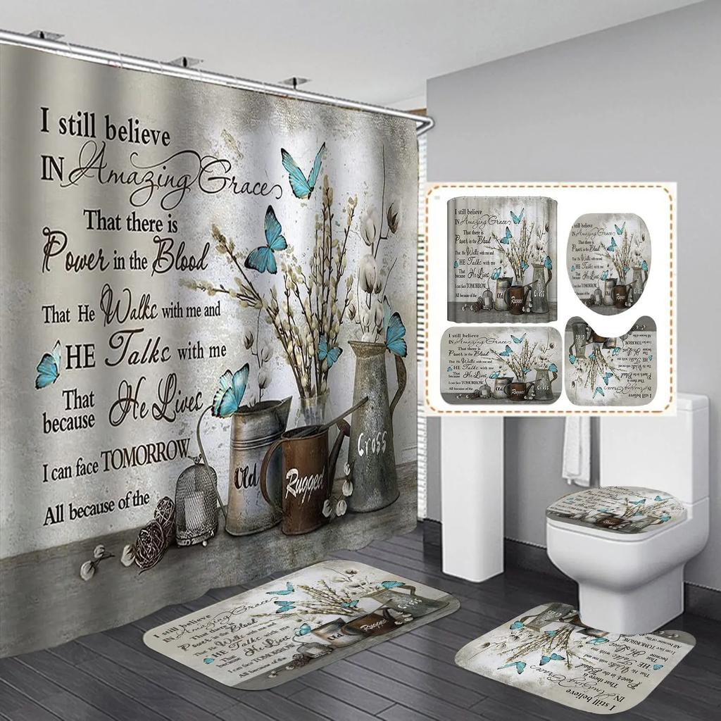 Inspirational Quotes Shower Curtain Set Rug Toilet Lid Cover Bath Mat Vintage Rustic Bathroom Decor Waterproof Wooden Poster