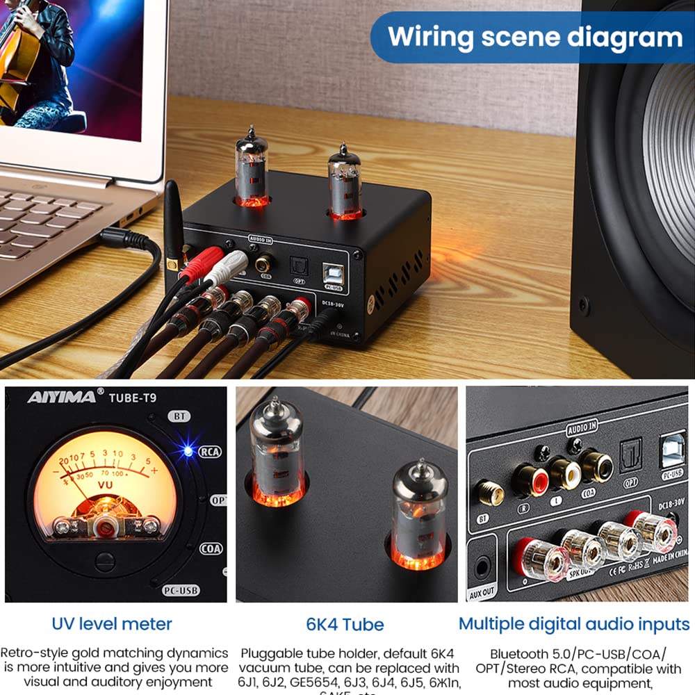 AIYIMA T9 Bluetooth Tube Amplifier Channel Vacuum Tube USB DAC Stereo HiFi Home Audio Digital Amplifier with VU Meter 5.0 100W2 2.0