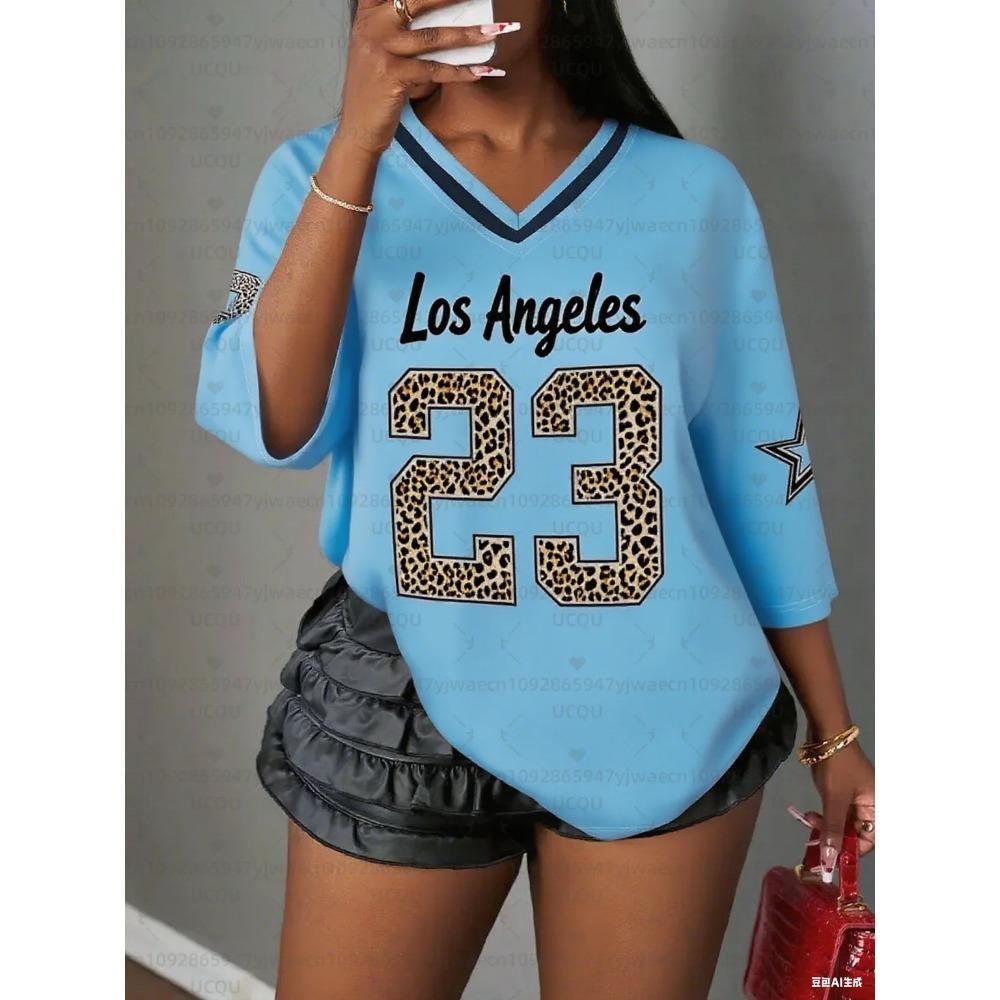 Printed V-neck short sleeved T-shirt, summer pattern T-shirt, baseball shirt, plus size sports T-shirt