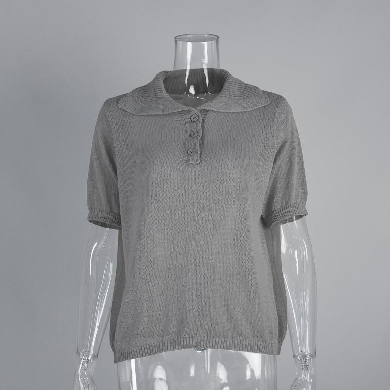 Suéter calado de punto de manga corta 2025 otoño y verano nuevo camiseta de manga abullonada suéter de punto simple mujer