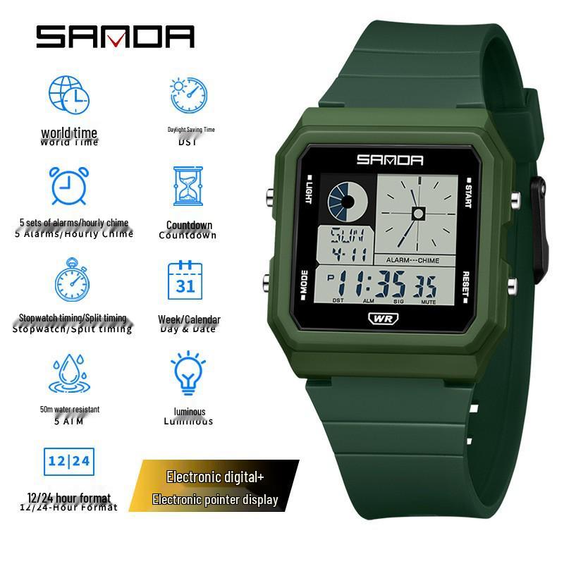 Sanda Multifunctional Waterproof Luminous Electronic Watch with World Time & Alarm - Ideal for Students