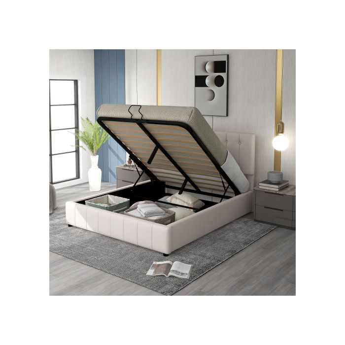 Gepolstertes Bett 140*200, Doppelbett, Stauraum mit hydraulisch hochklappbarem Bettgestell, höhenverstellbares gepolstertes Kopfteil