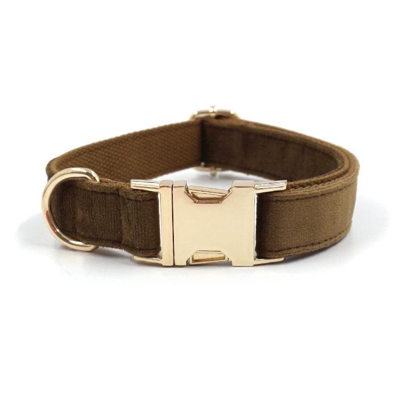 Brown Velvet Engraved Dog Collar with Metal Buckle XS