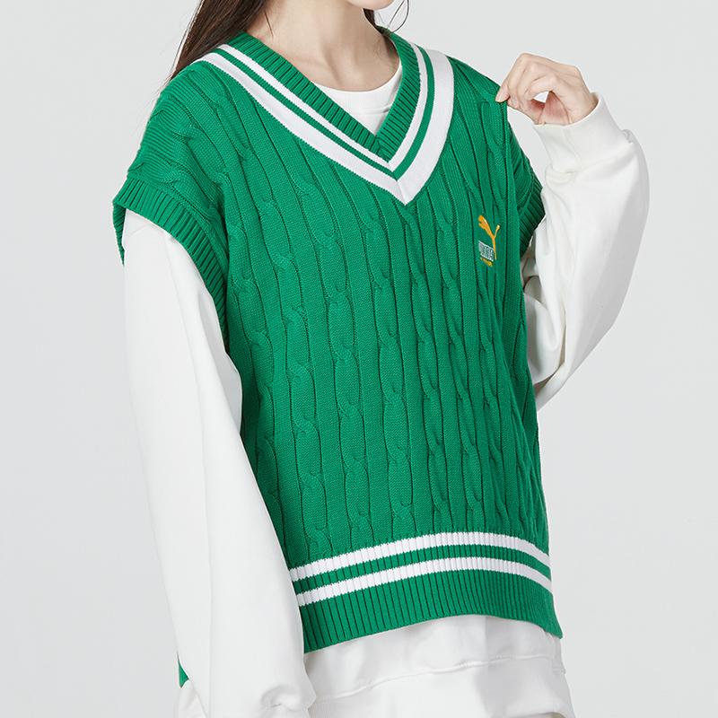 Puma Sweater Vest Striped Knit Women Tops Green 537969-86
