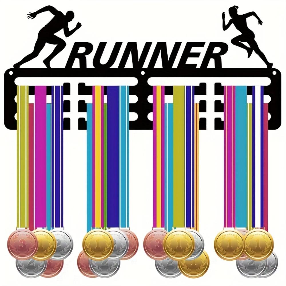 1pc Iron Running Medal Holder Wall Mount, 11.4x5.1 Inch Metal Display Rack with Hooks for Marathon Race Finishers, Modern Home Decoration