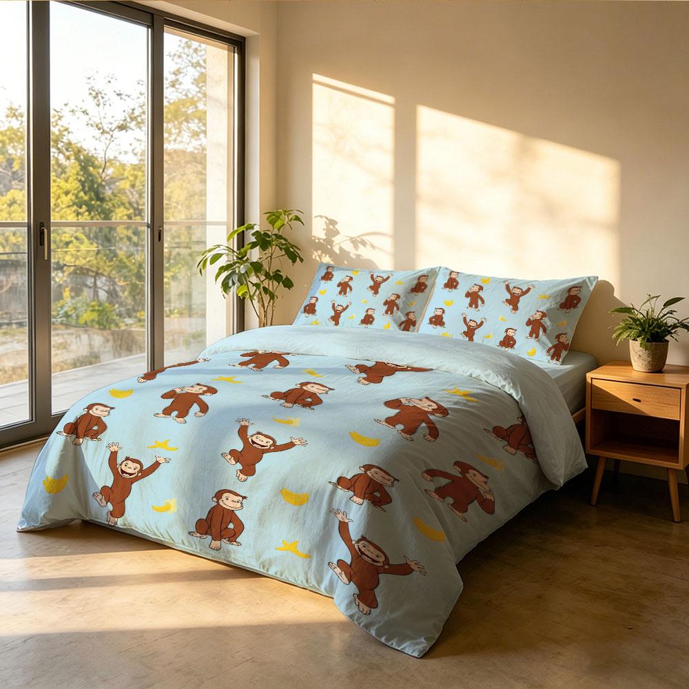 Duvet Cover Set 3Pcs Cute Cartoon Monkey Blue Print Soft Microfiber Bedding with Pillowcases Kids Bedroom