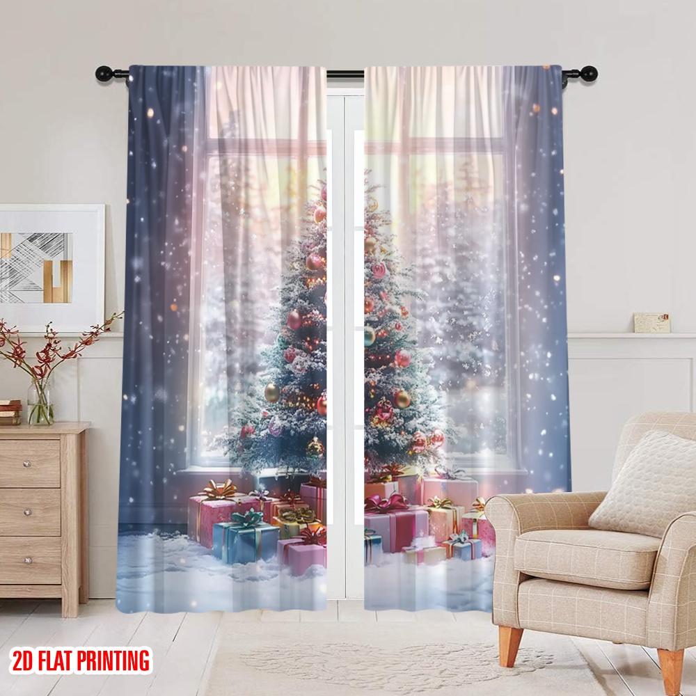 2pcs 2D flat printing Merry Christmas Window Drapes Christmas trees and gifts Polyester Without Electricity Birthday Party for