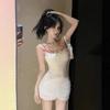 Pure Desire Sexy Suspender Fake Two-piece Fashion Slim-fit Pleated Dress Short Skirt Bow Lace Stitching Hottie Skirt