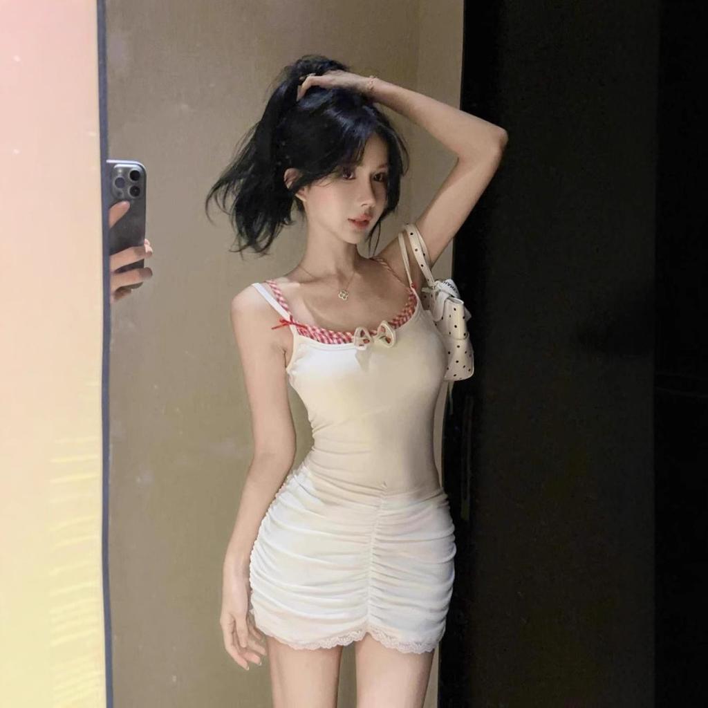 Pure Desire Sexy Suspender Fake Two-piece Fashion Slim-fit Pleated Dress Short Skirt Bow Lace Stitching Hottie Skirt
