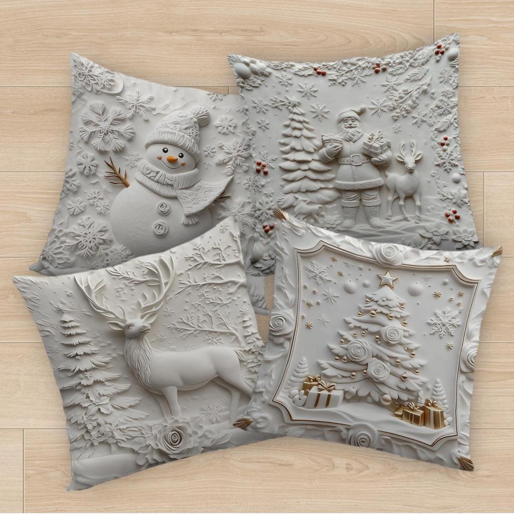 4-teiliges weißes Weihnachtskissenbezug-Set: Muster mit Weihnachtsmann, Schneemann, Baum & Rentier für das Wohnzimmer-Sofa
