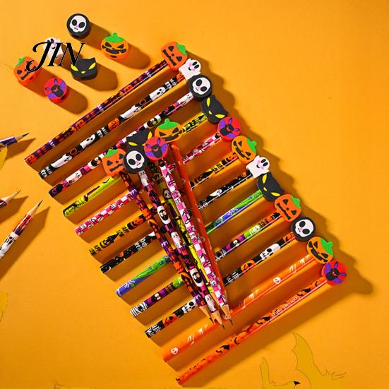 Pumpkin Pencils 12 Pcs Halloween with 3D Skull Ghost Cat Erasers, Smooth Writing Wood Bulk for Goodie Bags, School Classroom Rewards Supplies Seasonal