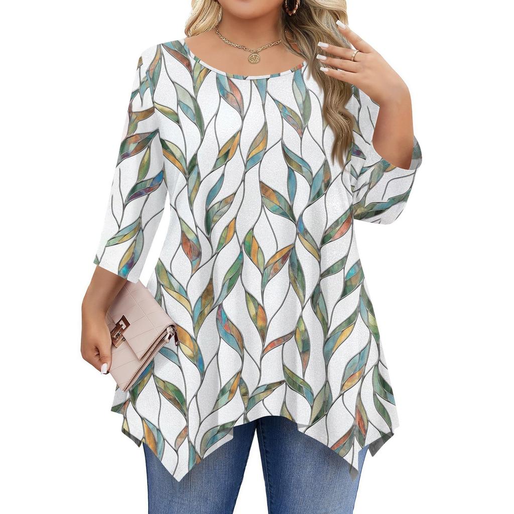 Womens Plus Size 3/4 Sleeve Shirts  Round Neck Tunic Tops Basic Loose Fit Tee Tops L-5XL
