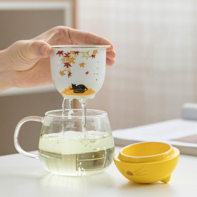 Roztomilý kočičí skleněný čajový šálek odolný proti teplu – Borosilikátový hrnek na čaj s víčkem a filtrem
