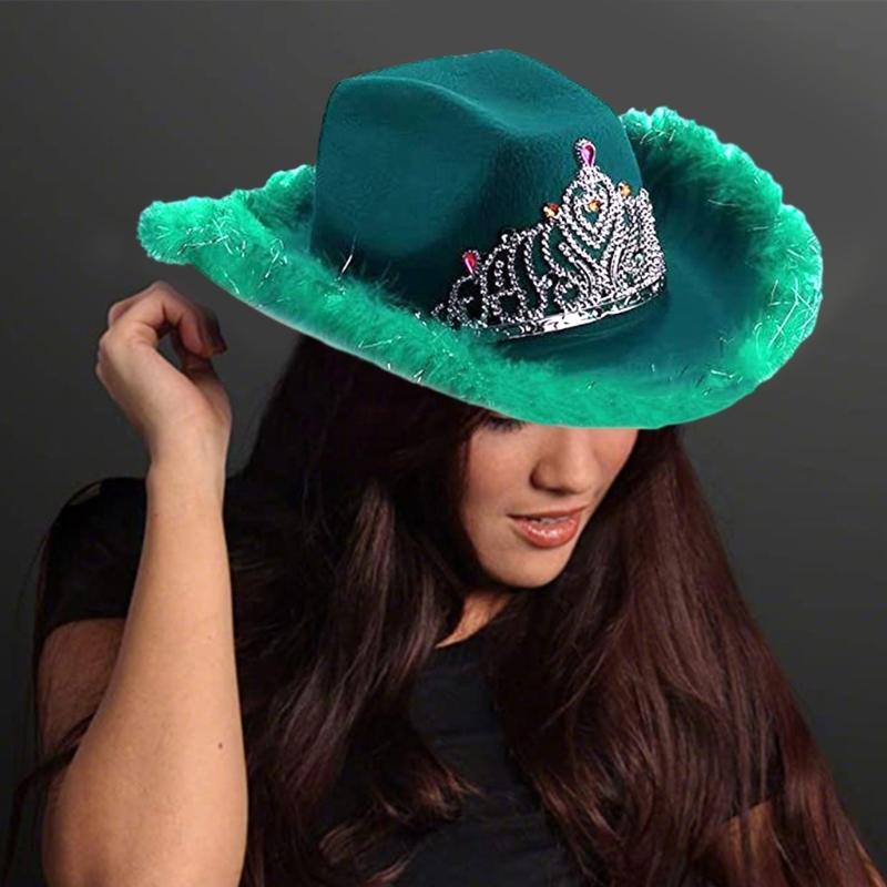 Feather Tinsel Brim Cowboy Hat for Women Western Cowboy Hat Church Hat Model Show Cowboy Hat Rhinestones Crown Hat