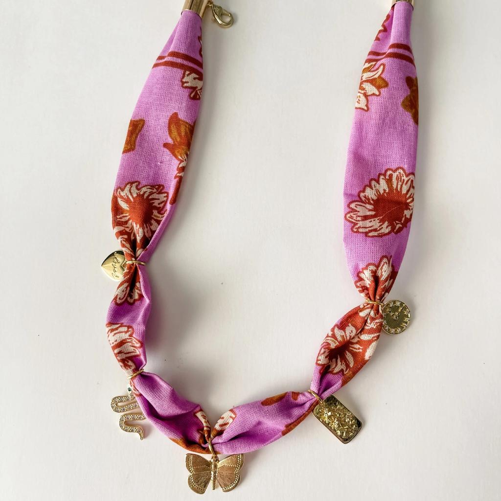 Bohemian Printed Silk Scarf Necklace Retro Metal Love Shell Pendant Cloth Strip Splicing Trendy Jewelry