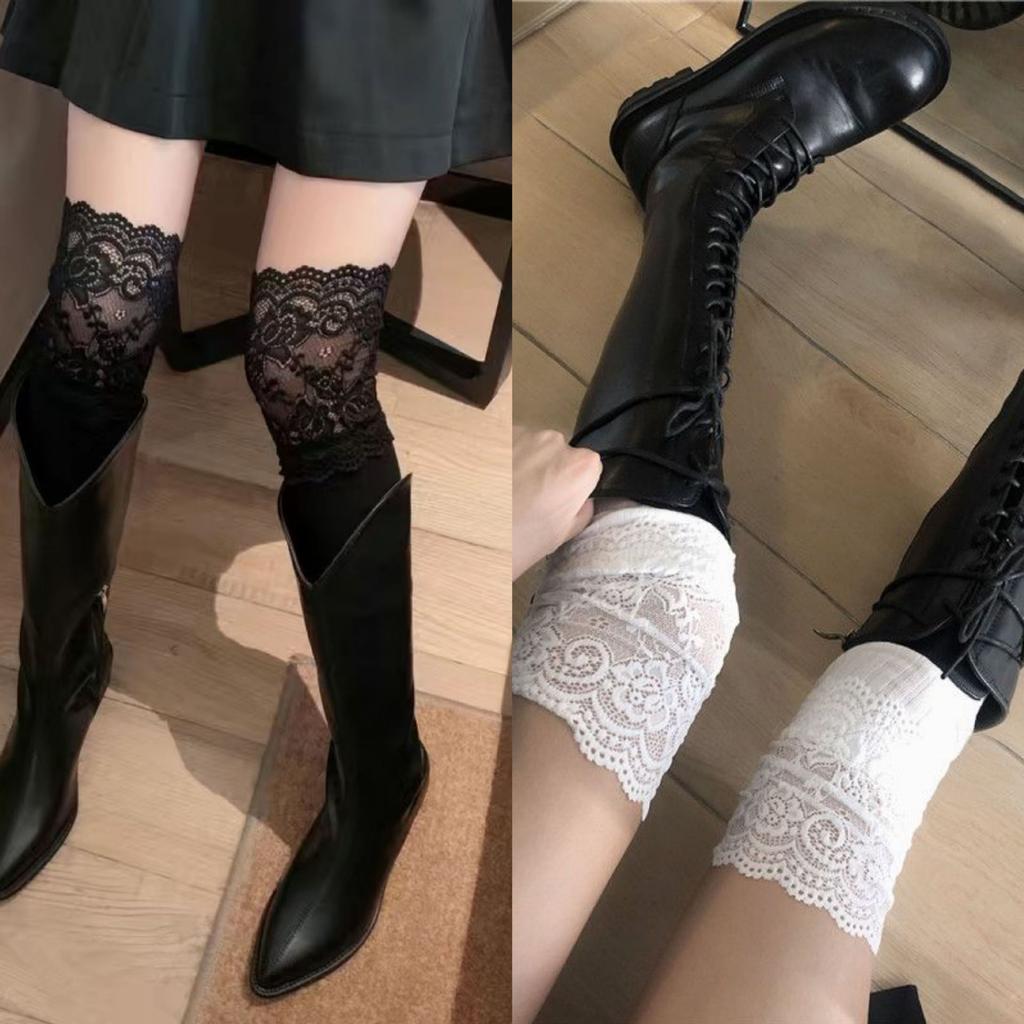 Lace Stockings Knee-Length Boots Autumn And Winter Pure Wind White Japanese Internet Celebrities Thickened Lace Knee Socks Women