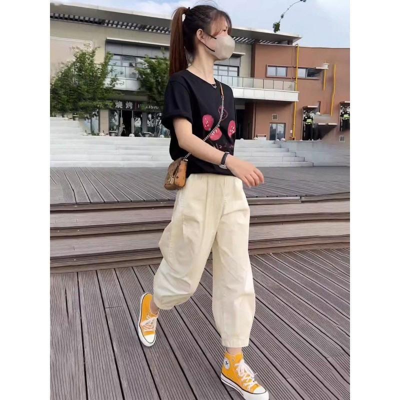 Womens High-Waisted Loose Fit Cargo Pants 9/10 Length Cotton Blend Casual Trousers Office Daily Wear