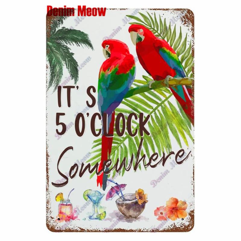 Metal Tin Sign Wall Decor, Vintage Parrot Cocktail Bar Plates, Kitchen Painting Decor, It's 5 O'clock, WY23