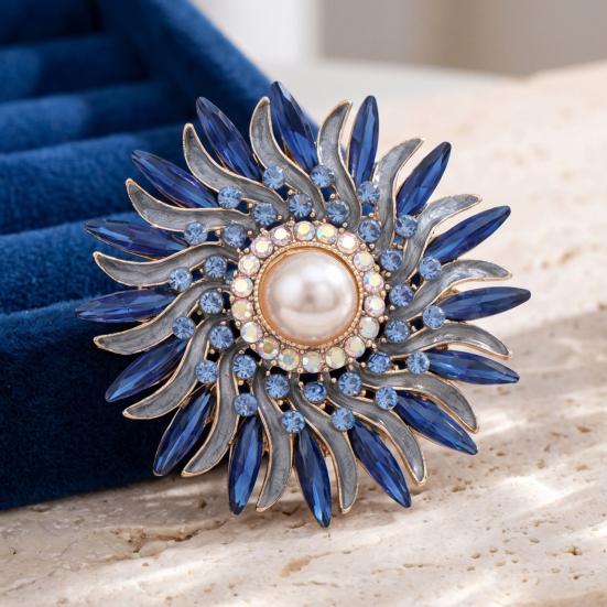 Rhinestone Floral Badge Retro Sunflower Brooch Pin, Lapel Pin with Faux Pearl Pearl, Metal Flower for Women, Clothing Accessories Women