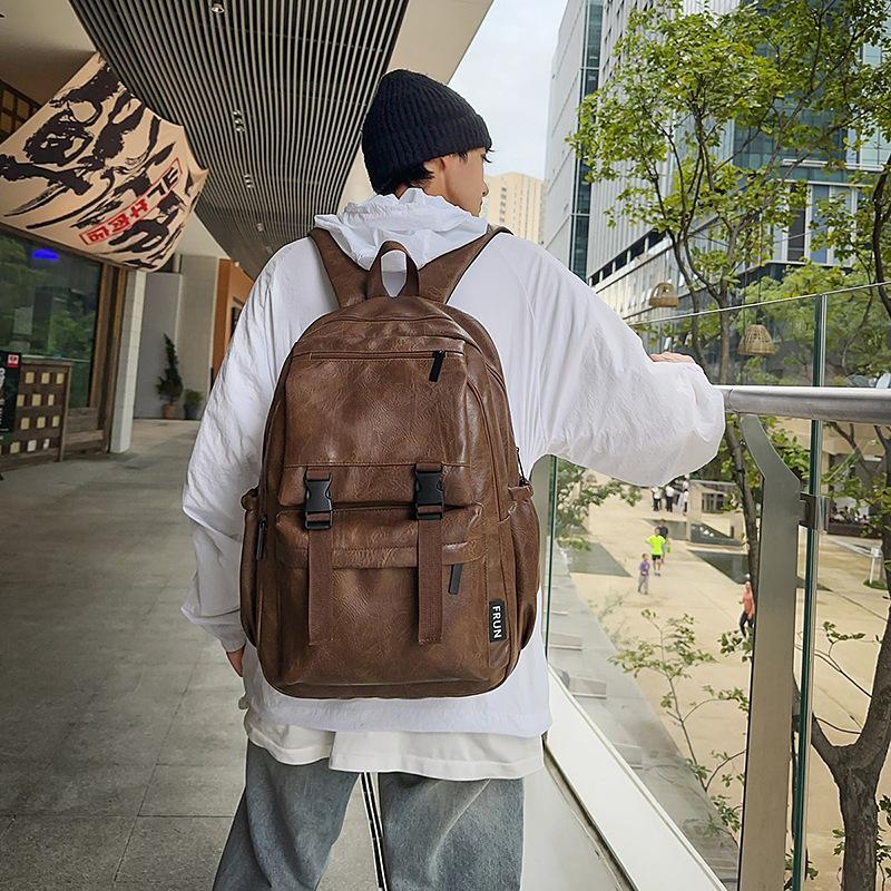 Schoolbag New Casual Backpack Men's Business Computer Bag PU Leather Large Capacity School Bag High School Student Backpack