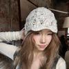 Women Vintage Flower Crochet Beanie Solid Color Hollow Out Breathable Elegant Knit Leisure Skull Cap,Suitable for Travel,holiday