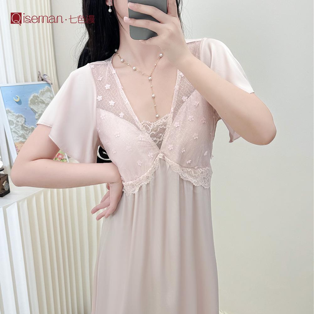 French elegant lace ice silk nightdress for women, summer long high-end short-sleeve loungewear with padded breasts, princess-style pajamas