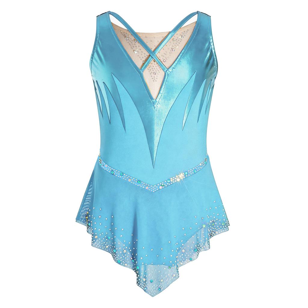 Girls Gymnastics Figure Skating Dress: Sleeveless Cross Front Mesh Patchwork Sparkling Rhinestone Color Block with Built-in Briefs