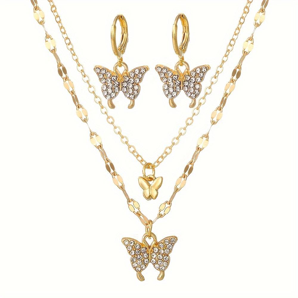 Earrings, Necklace, Gold and Silver Butterfly Pendant, Earrings and Necklace Set Spring and Summer Vacation Women's Jewelry Set
